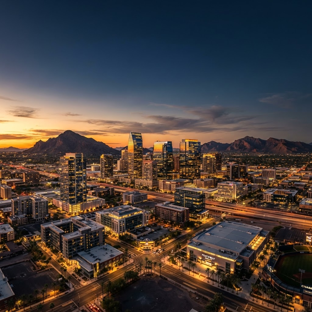 Downtown Phoenix, Arizona skyline at dusk